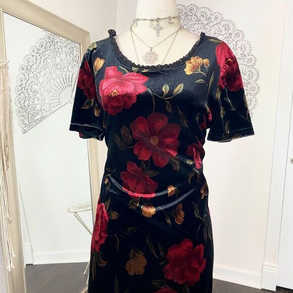 Black Red Gold Flower Ethereal Whimsygoth Floral Velvet Midi Dress M / L - Picture 2 of 5